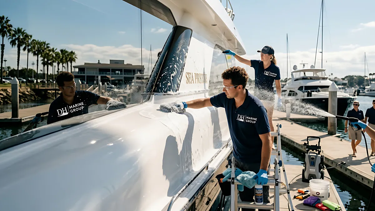 D.H. Marine crew washing down a yacht